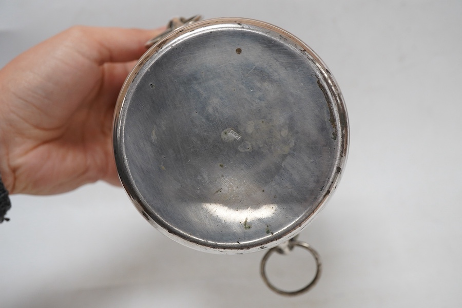 A continental 800 standard white metal ice bucket, with two lion mask and ring handles, height 12.9cm, 10.1oz.
